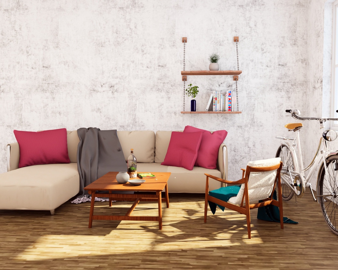 Диван и велосипед стоят в комнате