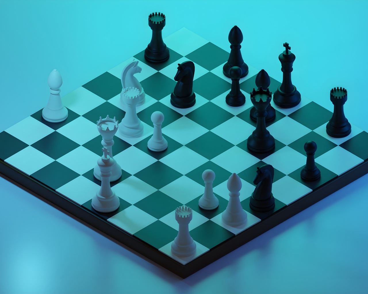 Шахматы 3д на доске на голубом фоне