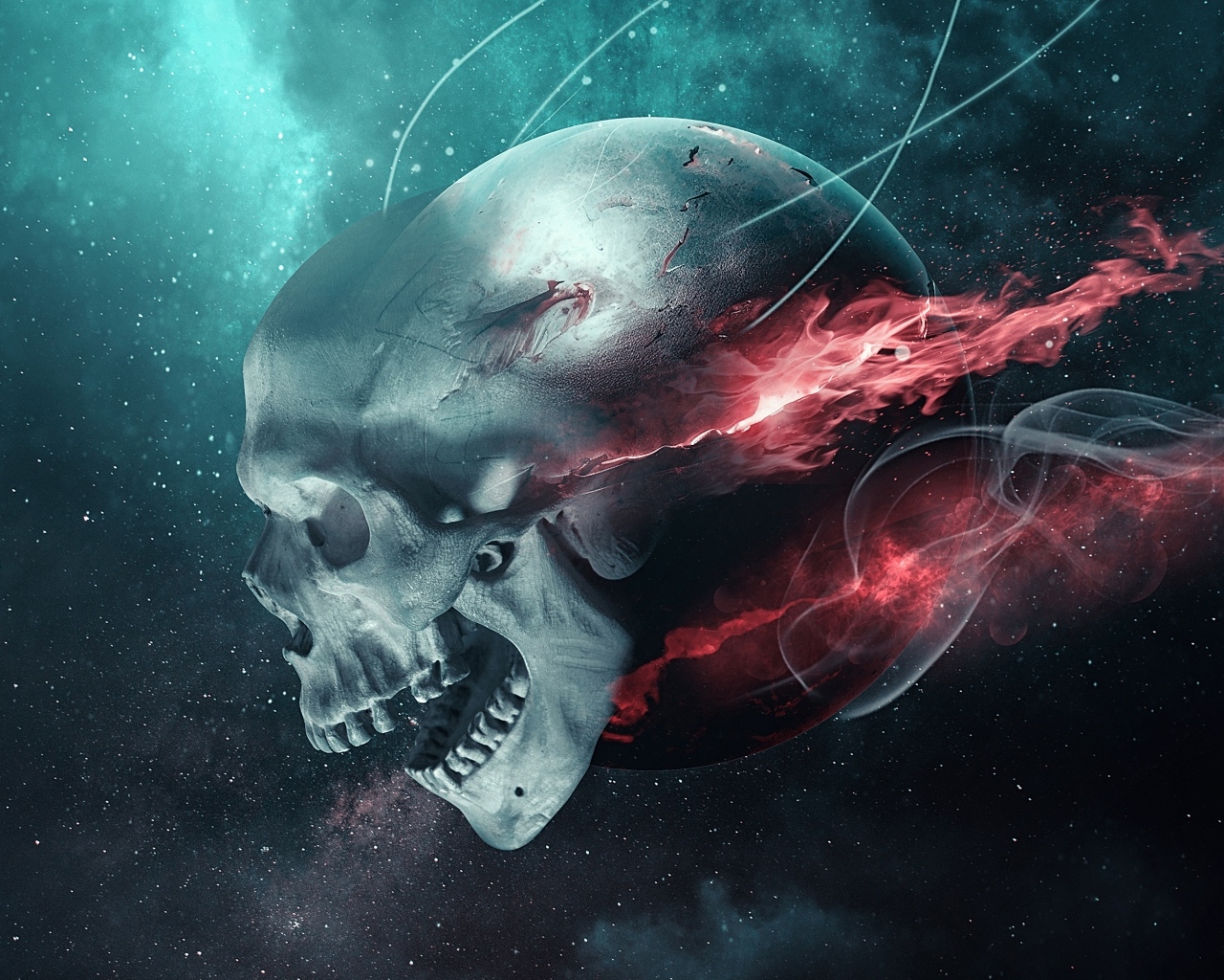 Летящий череп с огненной планетой