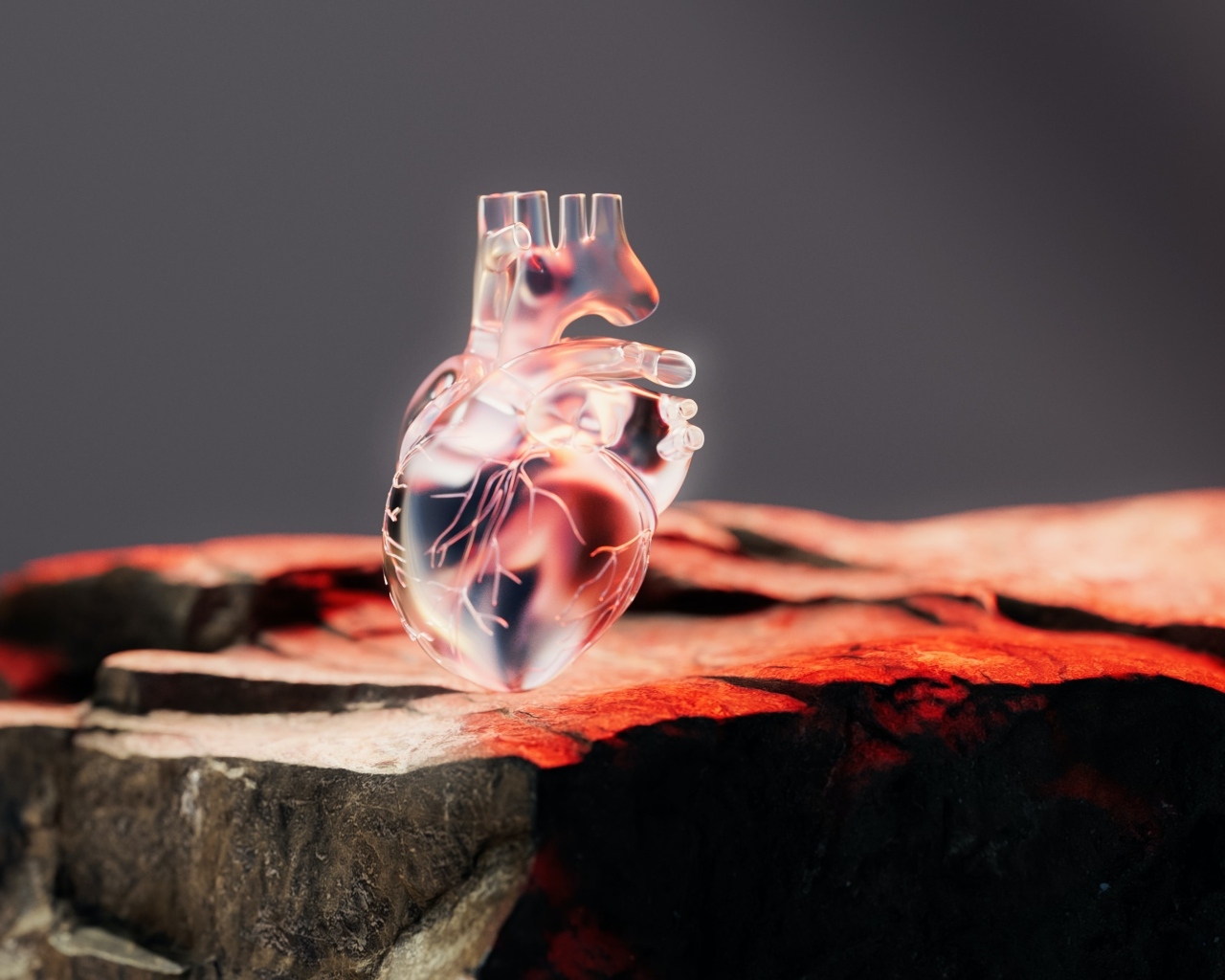 Стеклянное 3д сердце на камне