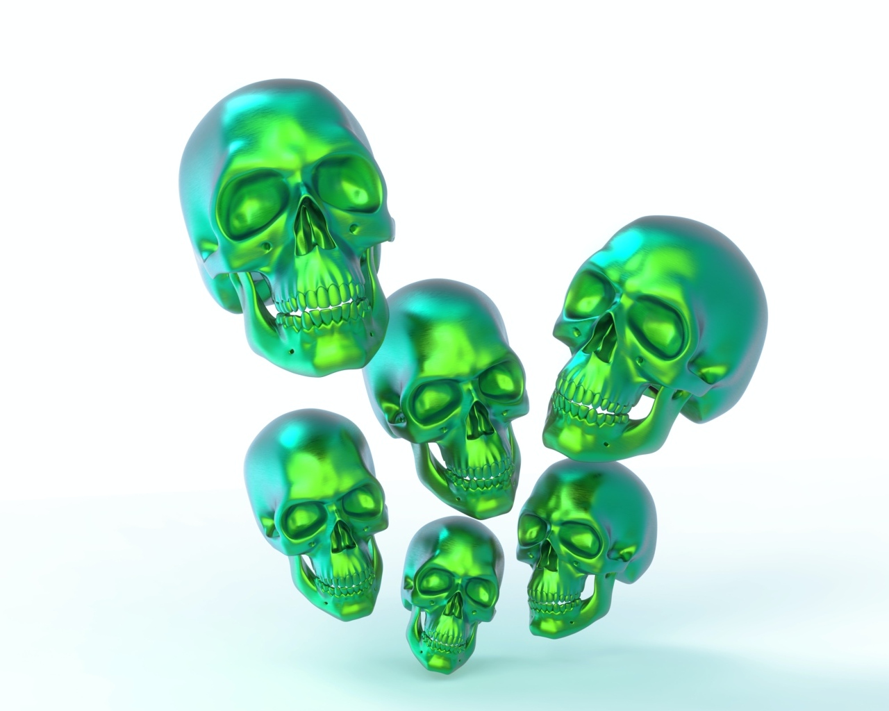 Зеленые стальные черепа на белом фоне