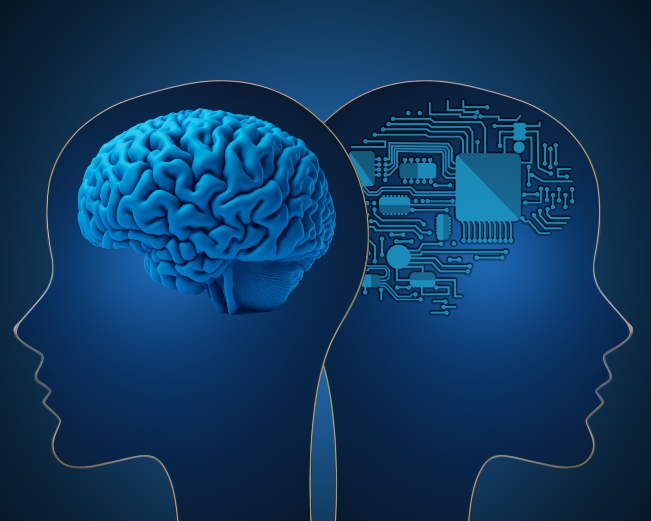 Живой мозг и искусственный интеллект на синем фоне