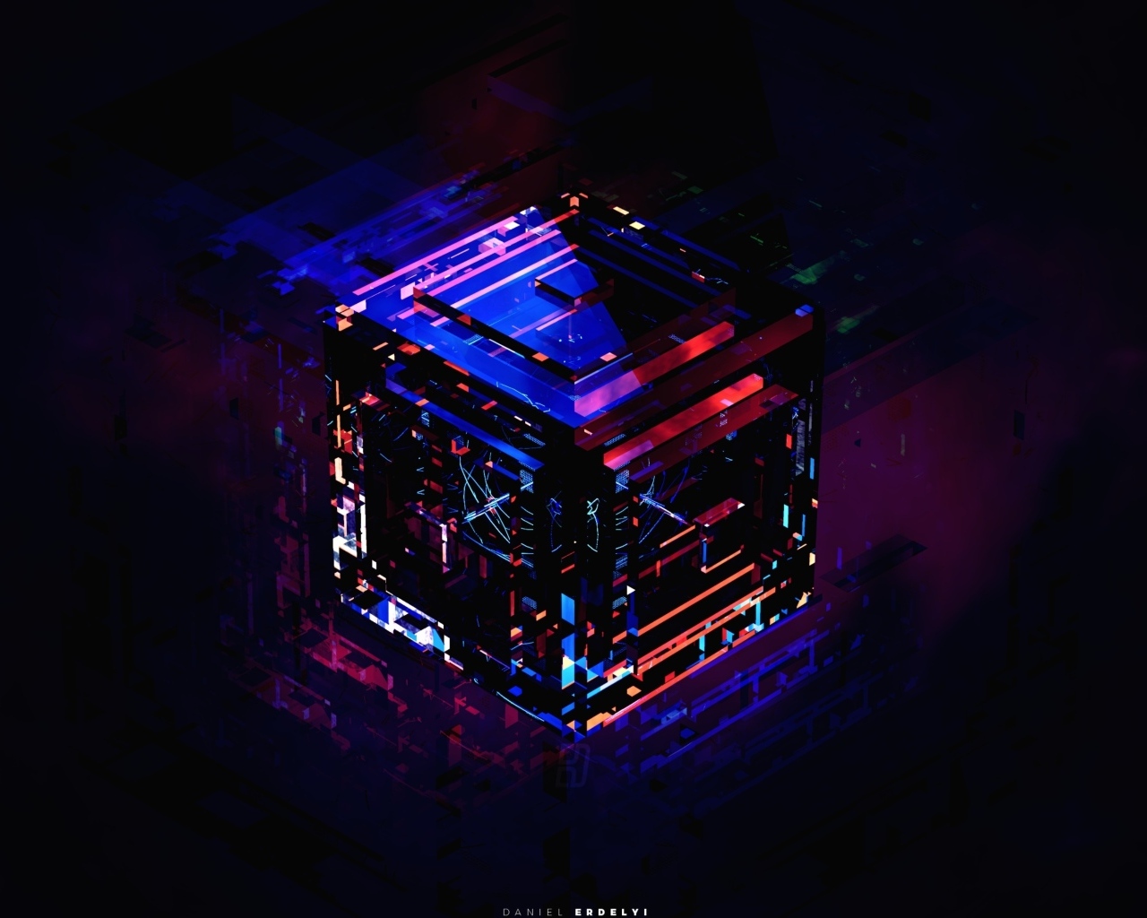 Разноцветный электронный куб на черном фоне