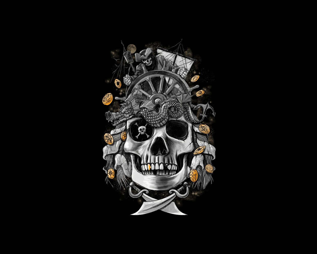 Pirate skull with coins on black background