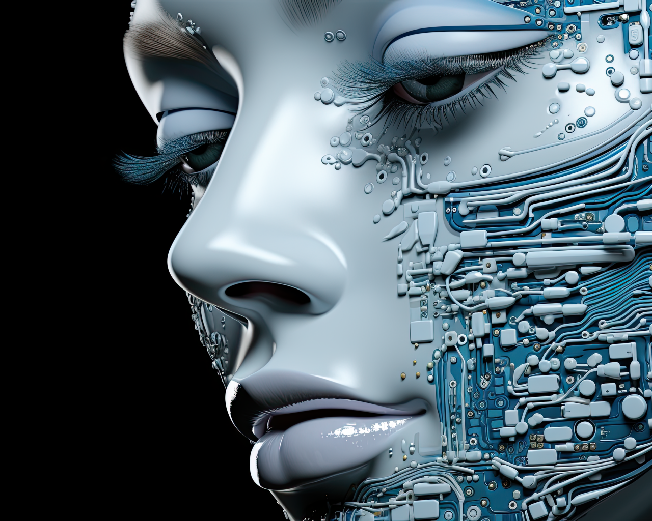 Лицо девушки робота на черном фоне 3д графика