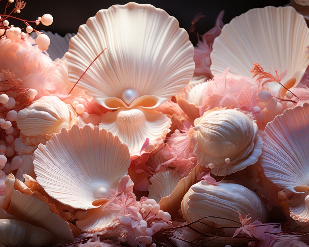 Необычные розовые ракушки с жемчужинами