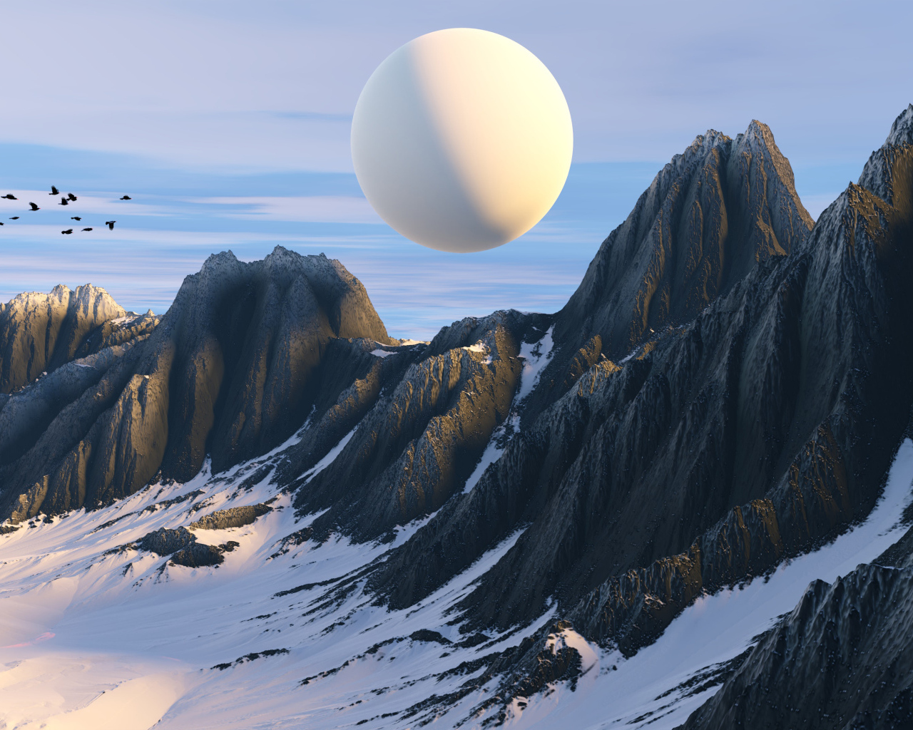 Белая планета над горами 3д графика