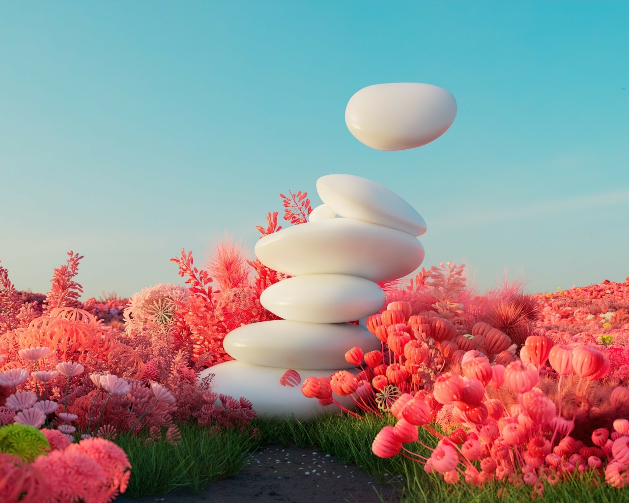 Белые камни в красных цветах 3д