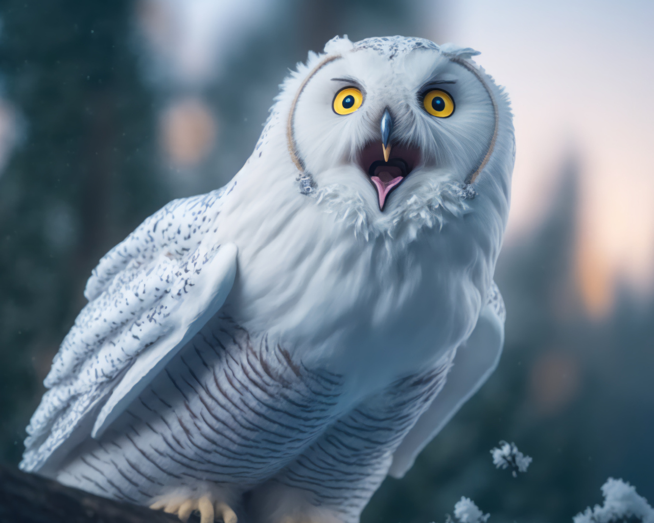 Большая белая сова с открытым клювом