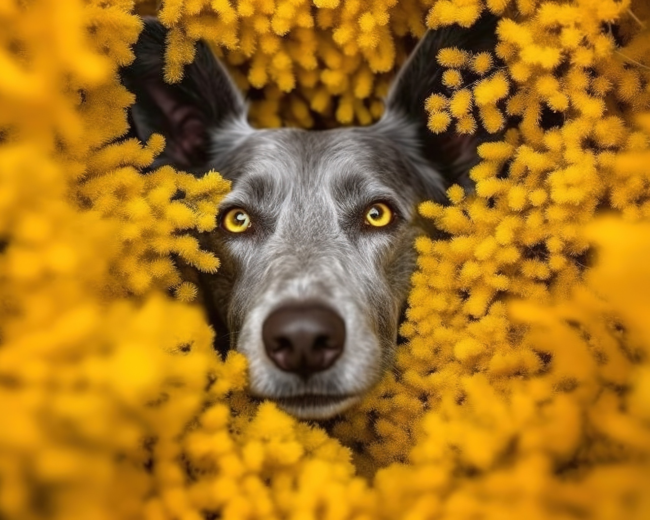 Черная собака в желтых цветах мимозы