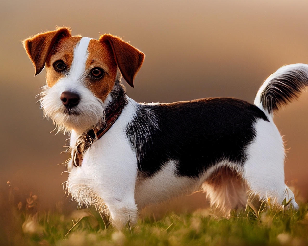 Смешная собака стоит на траве