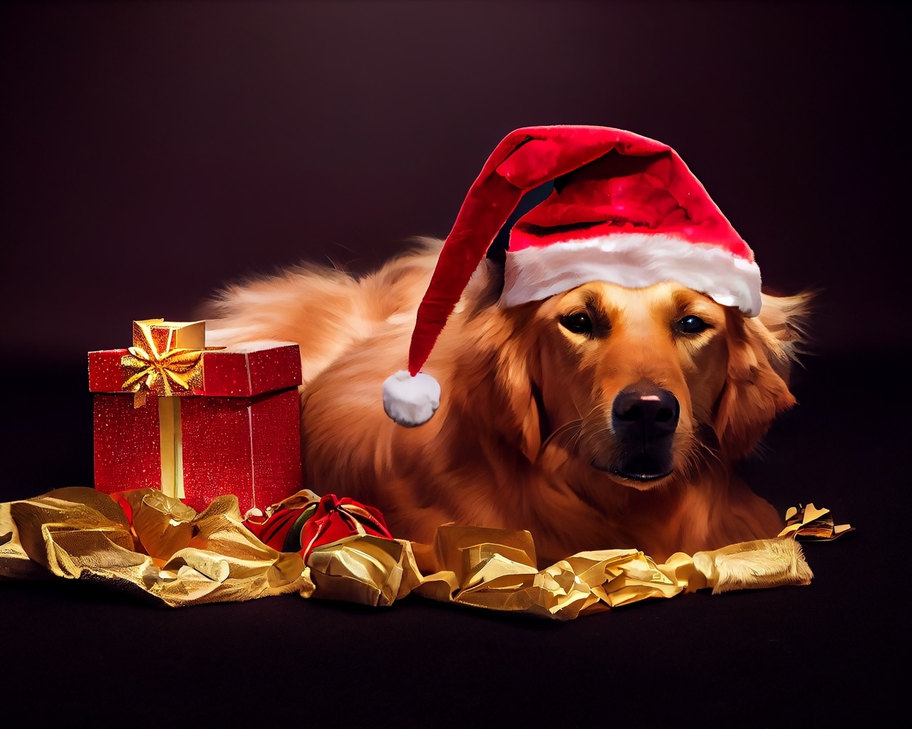 Золотистый ретривер в новогодней шапке с подарком