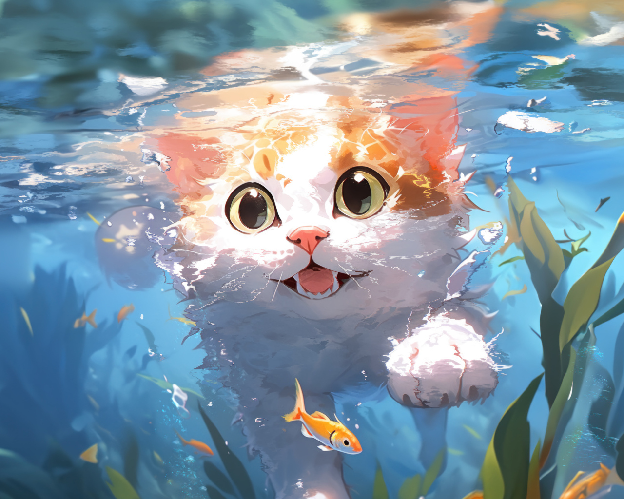 Аниме кот плавает в воде