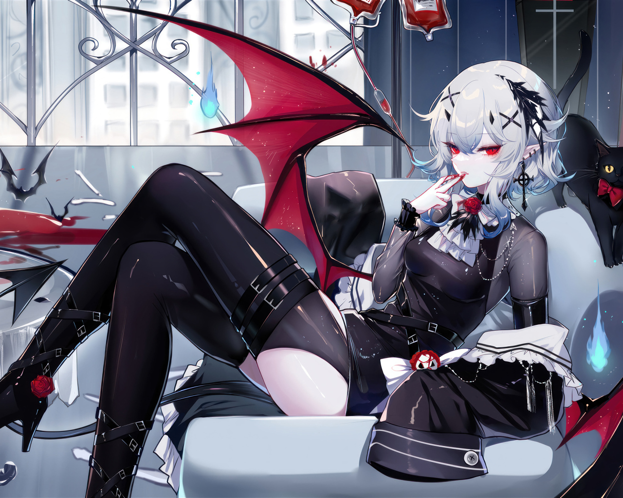 Девушка аниме демон с черным котом
