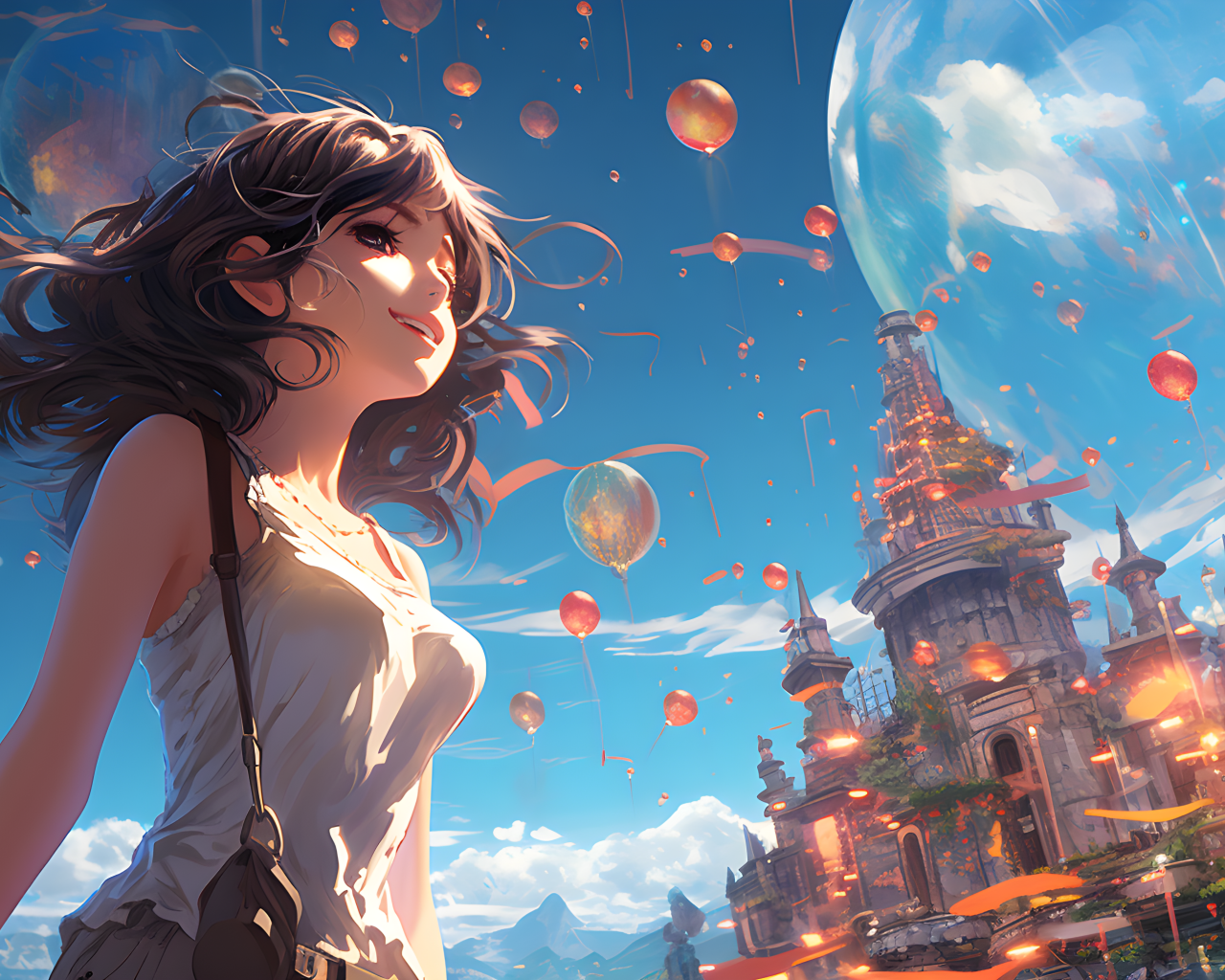 Девушка аниме на фоне замка