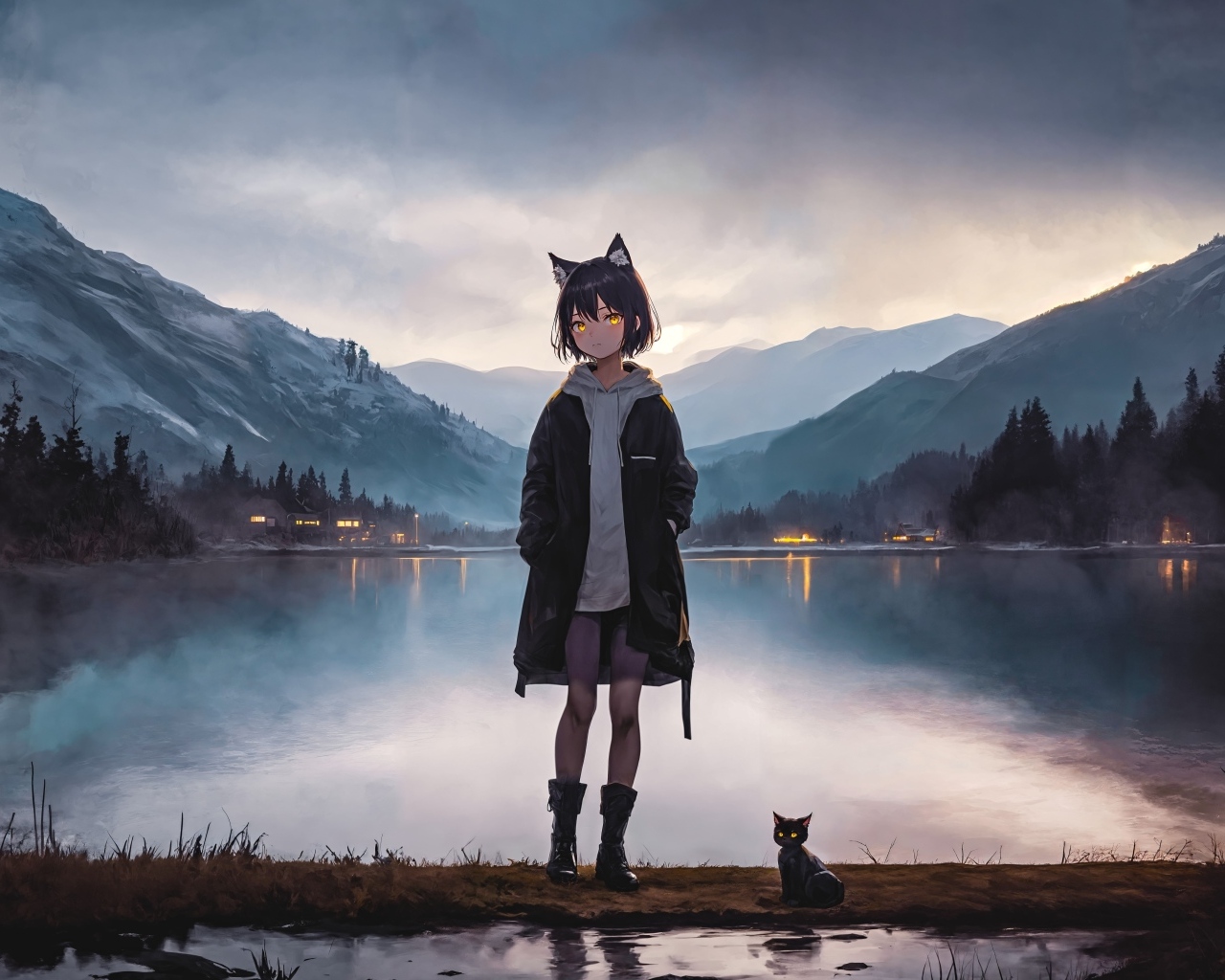 Девочка аниме у воды с котенком