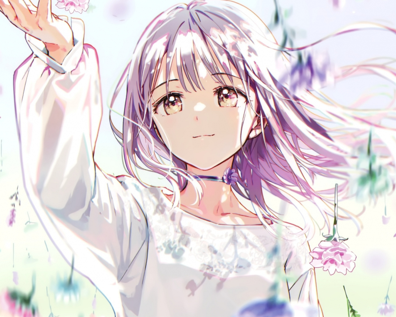 Девушка аниме ловит падающие цветы