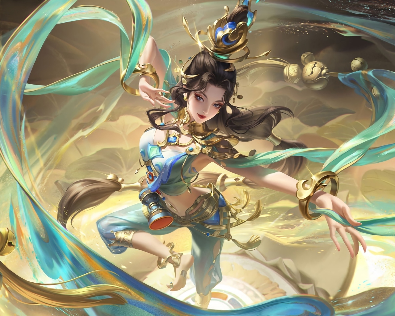 Девушка аниме танцует с голубыми лентами