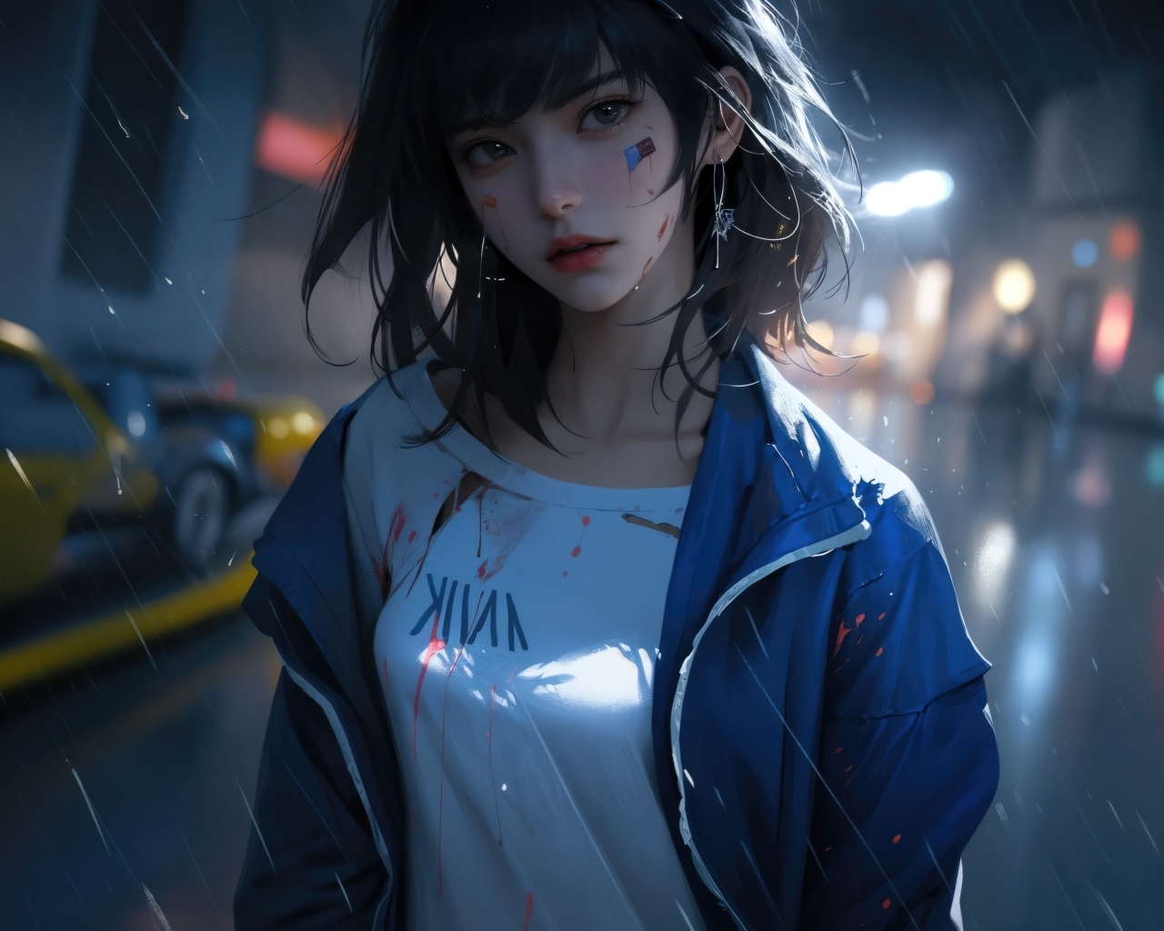 Девушка аниме в синей куртке