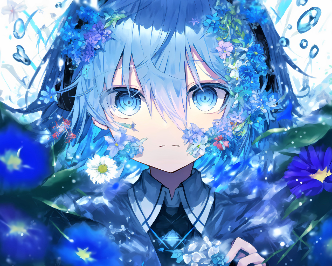 Девушка аниме в синих фантастических цветах