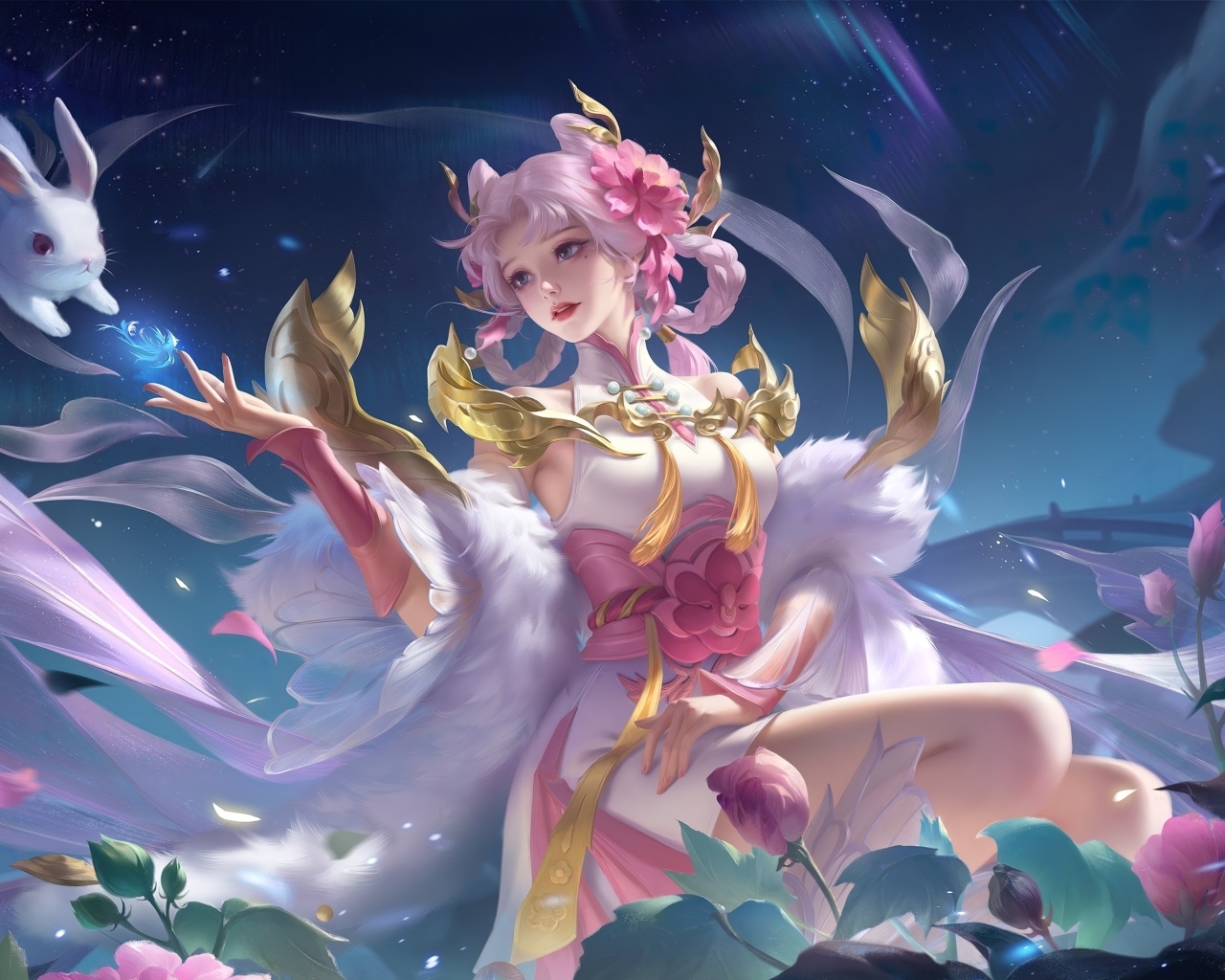 Девушка аниме в воздухе с животными