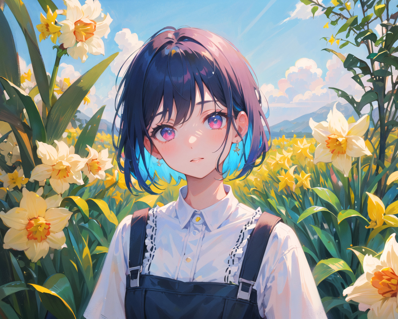 Девушка аниме на поле с нарциссами