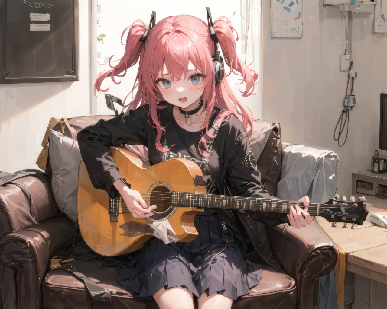Девушка аниме играет на гитаре