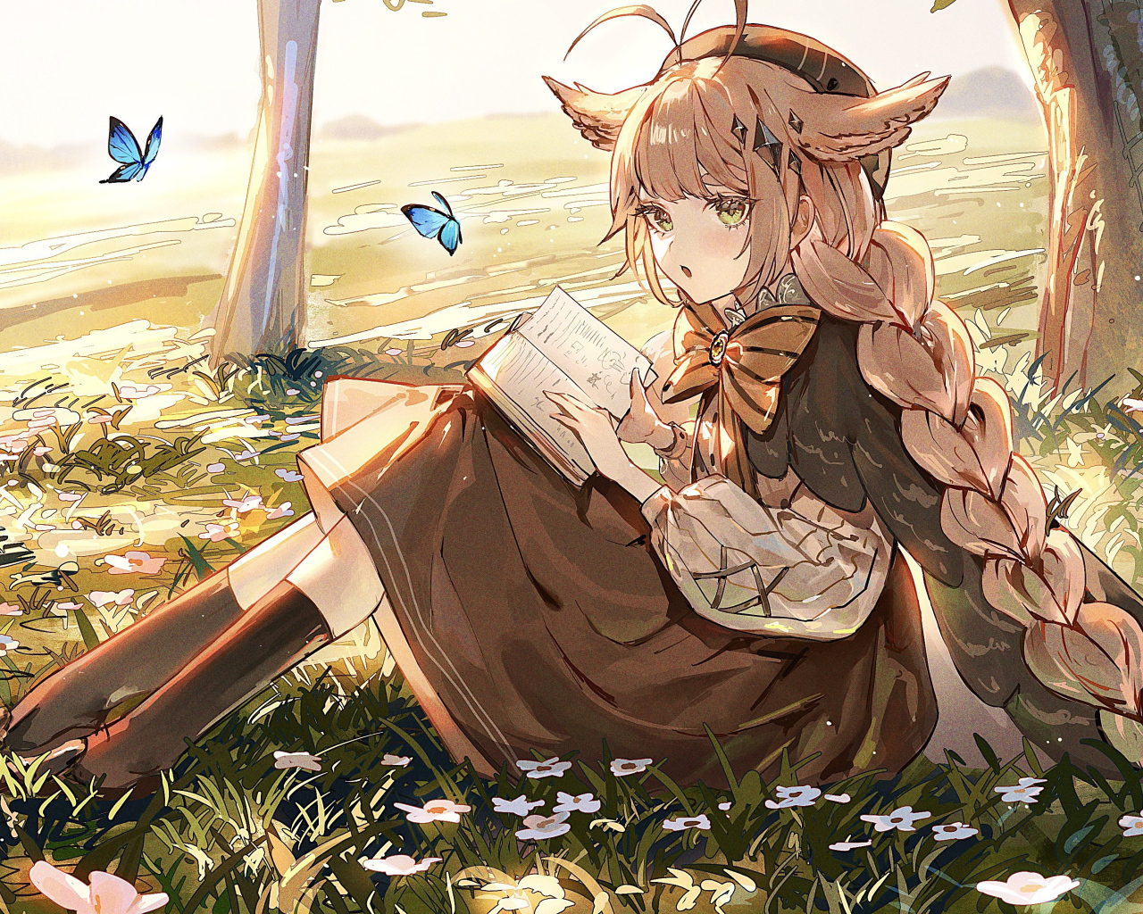 Девушка аниме читает книгу под деревом