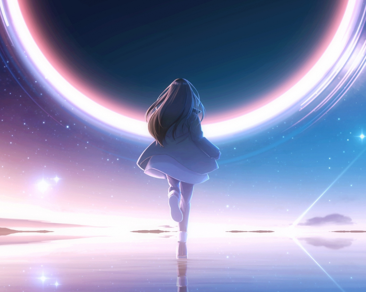 Девушка аниме бежит к яркому кругу в небе