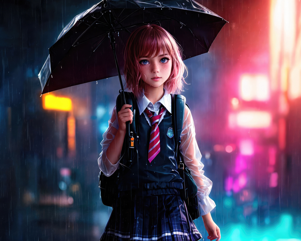 Девочка аниме школьница под зонтом