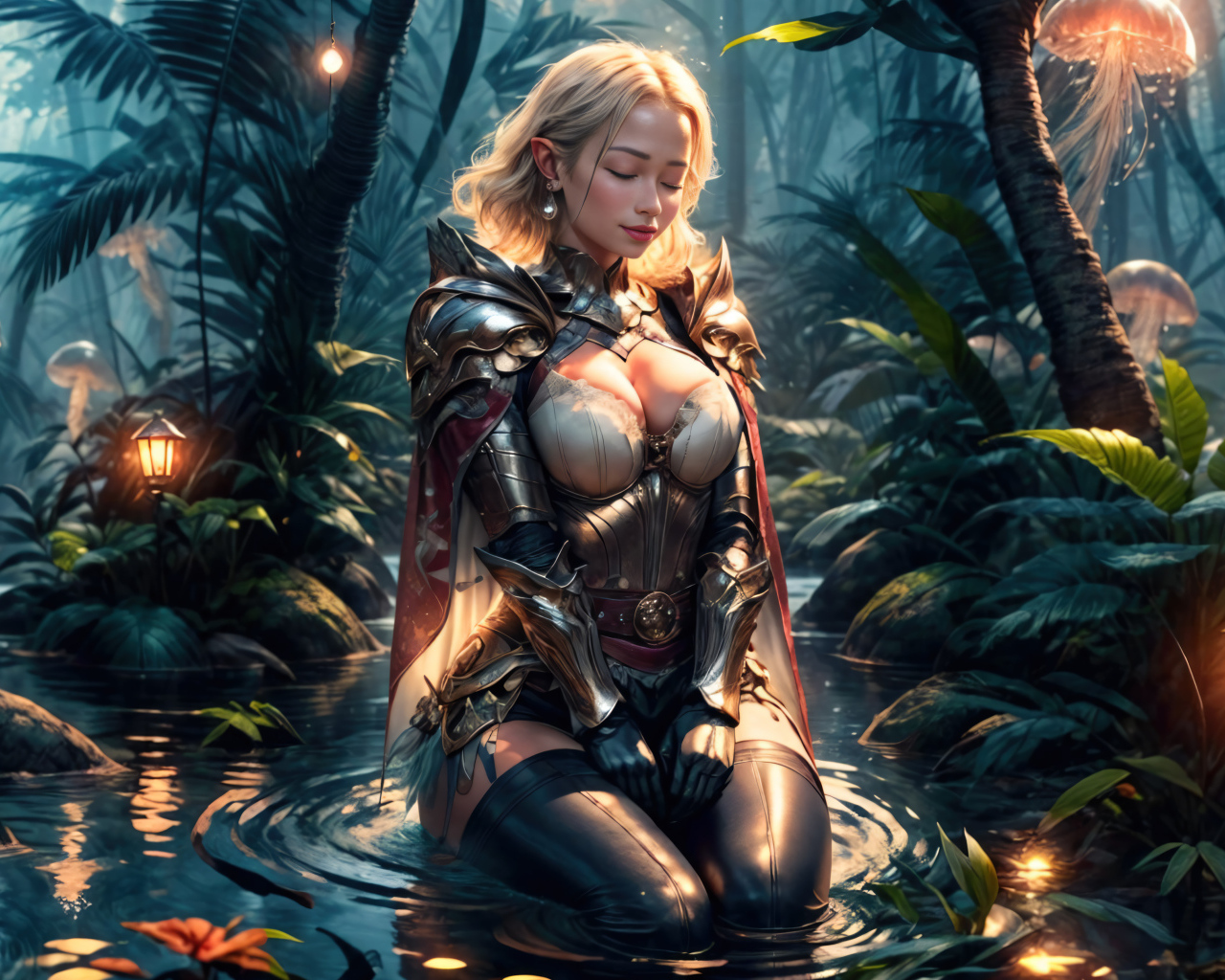 Девушка аниме сидит в воде в фантастическом лесу