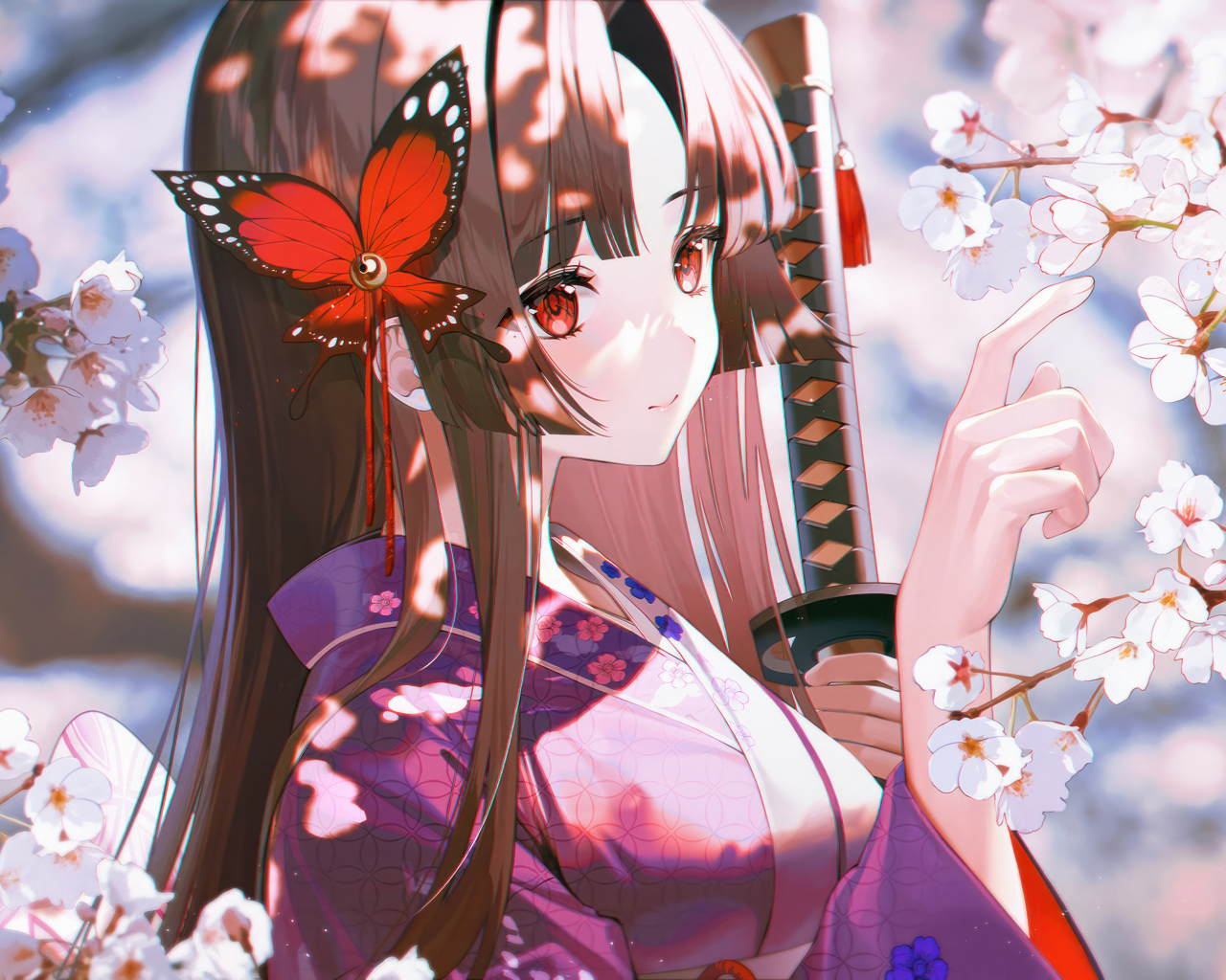 Девушка аниме с бабочкой в волосах