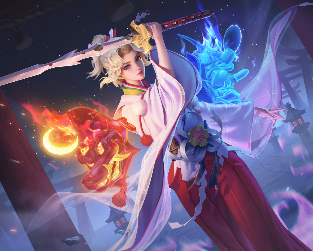 Девушка аниме с мечом в руках убивает дракона