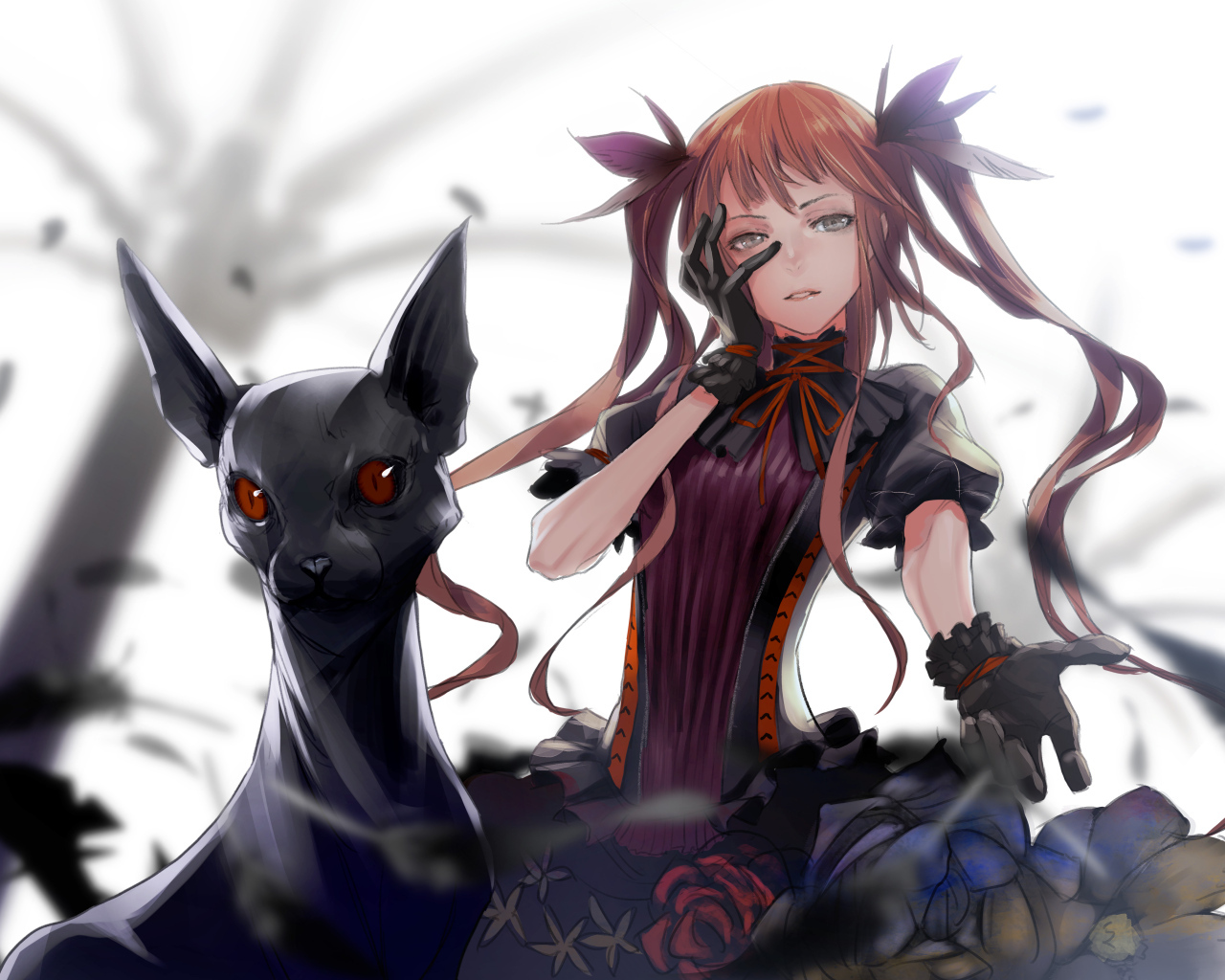 Девушка аниме с черным котом