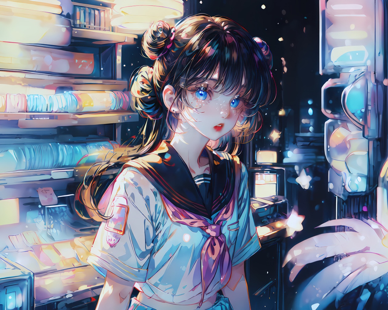 Девушка аниме с голубыми глазами в магазине