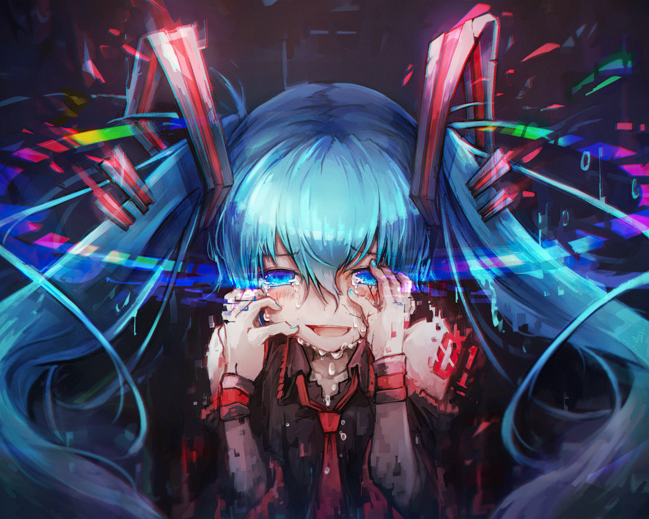 Девушка аниме с голубыми волосами в слезах