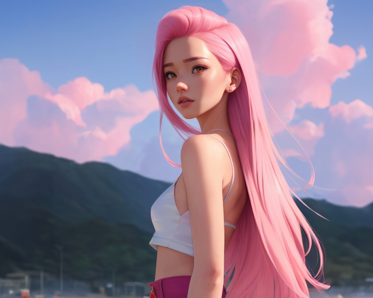 Девушка аниме с длинными розовыми волосами