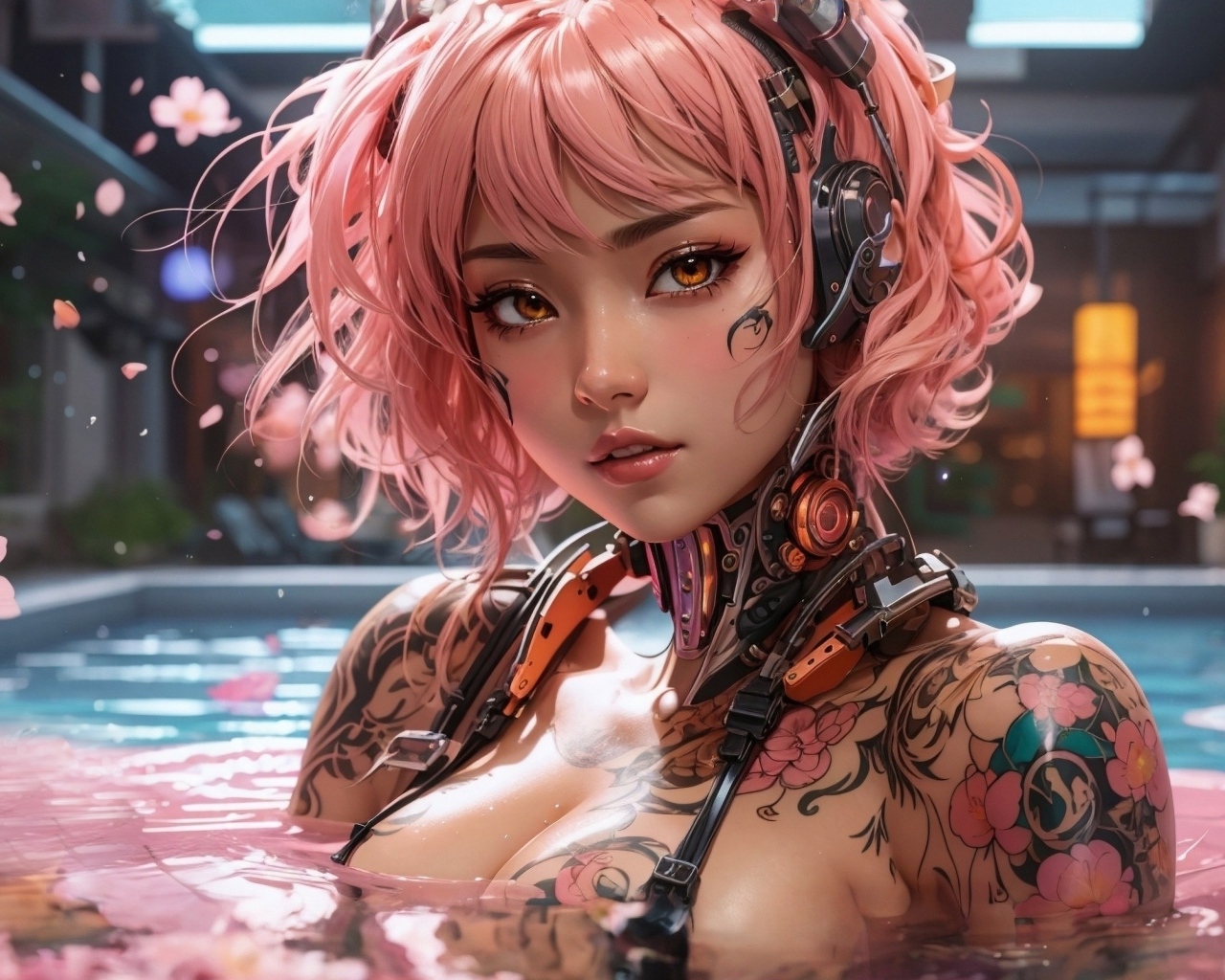 Девушка аниме с розовыми волосами и татуировками на теле