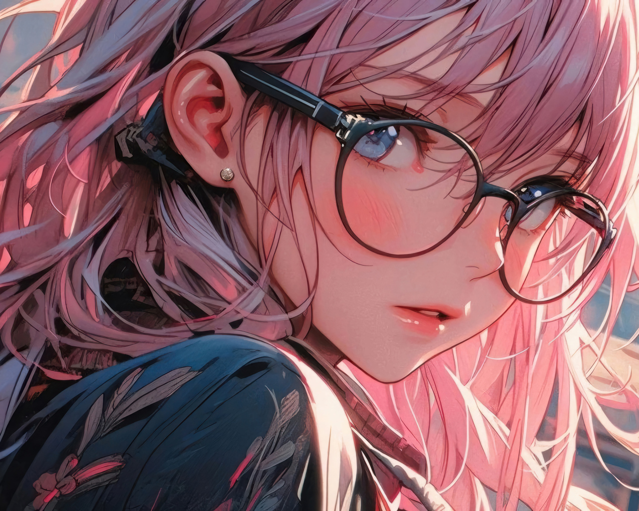 Девушка аниме с розовыми волосами в очках