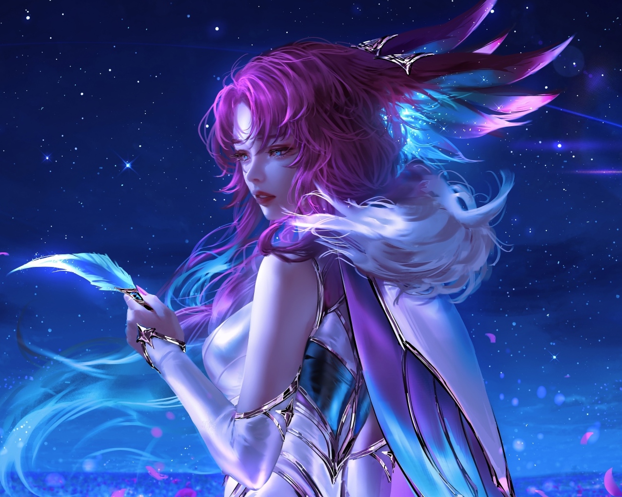 Девушка аниме с розовыми волосами с пером в руке