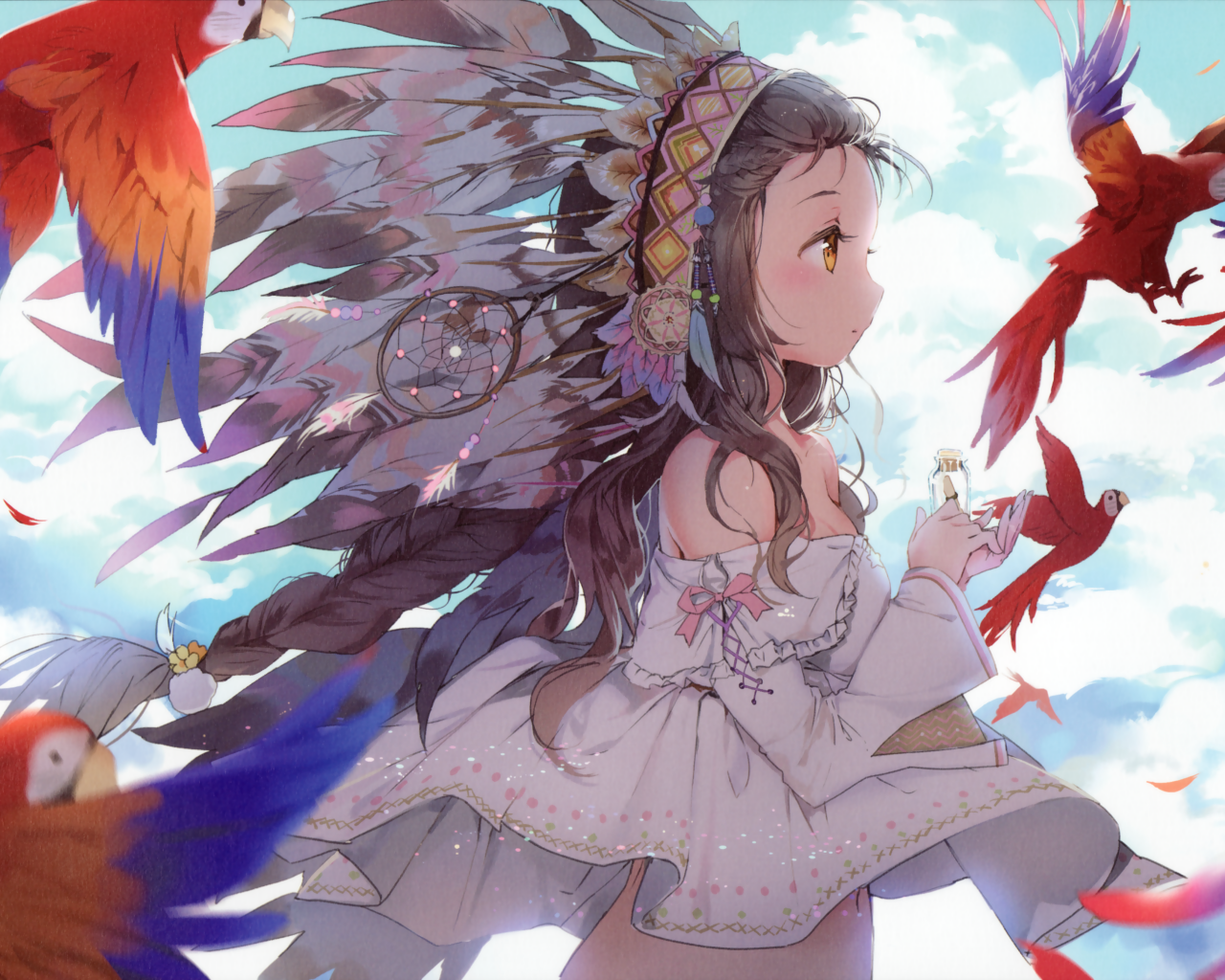 Девушка аниме с красными попугаями