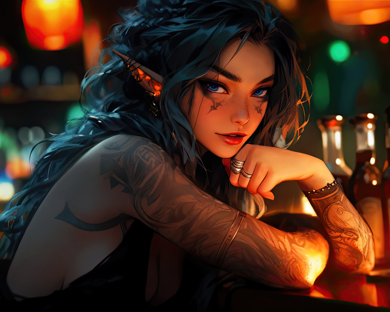 Девушка аниме с татуировками сидит в баре