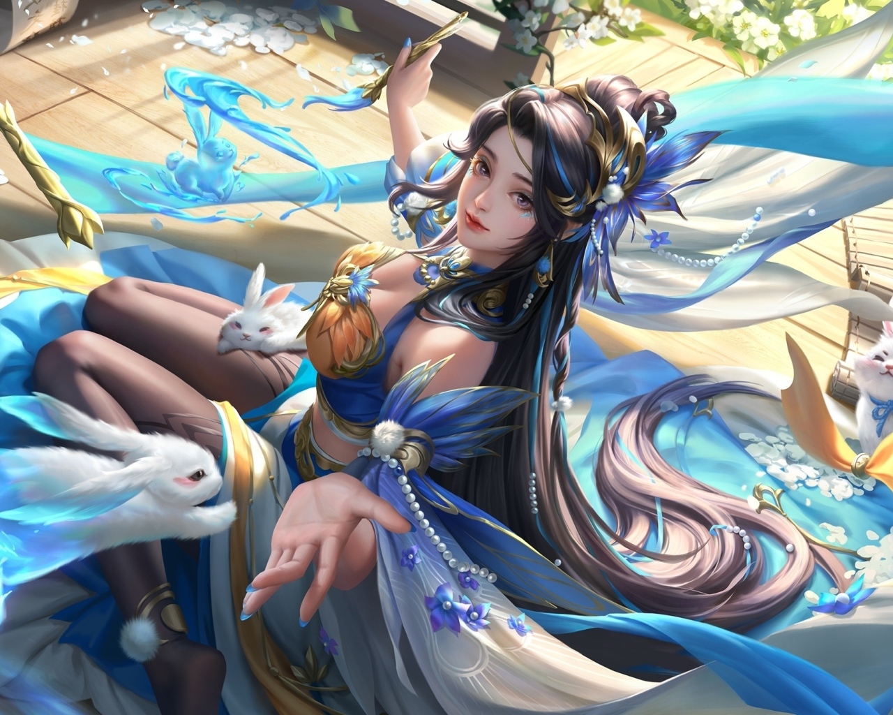 Девушка аниме с белыми кроликами