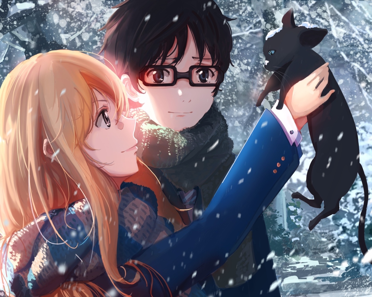 Парень и девушка аниме с котенком в руках