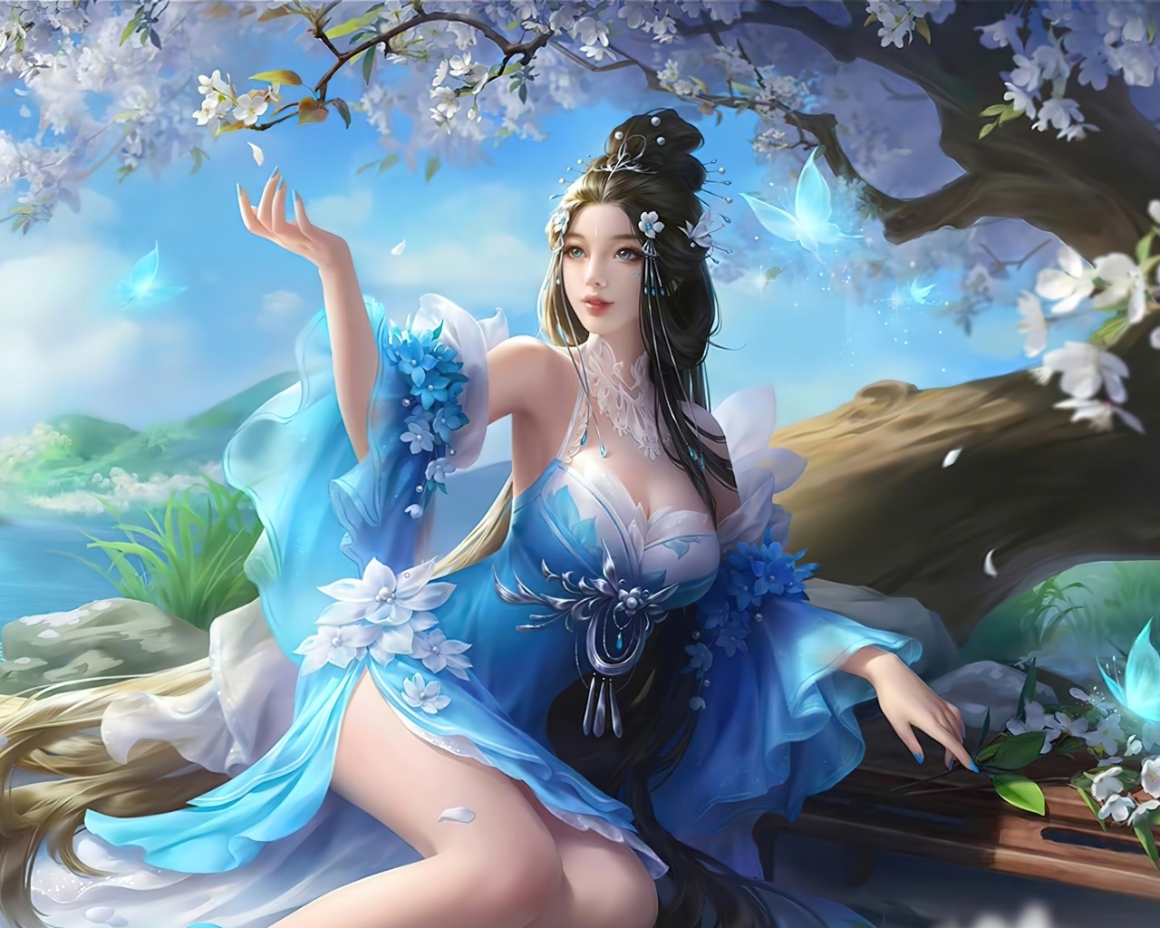 Красивая девушка аниме в платье под волшебным деревом