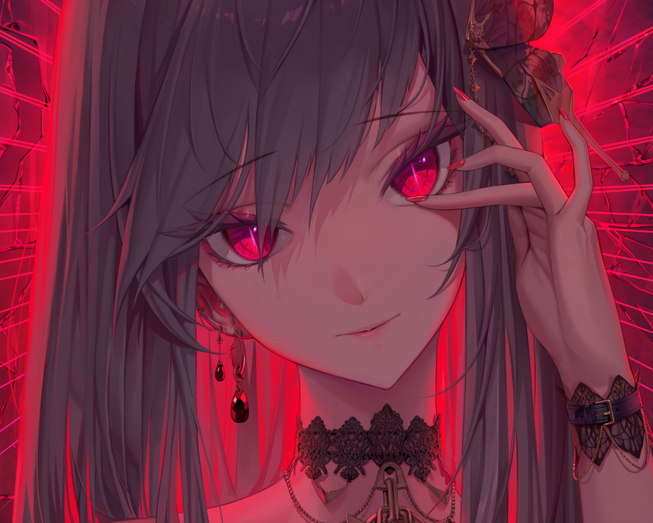 Красивая девушка аниме с красными глазами