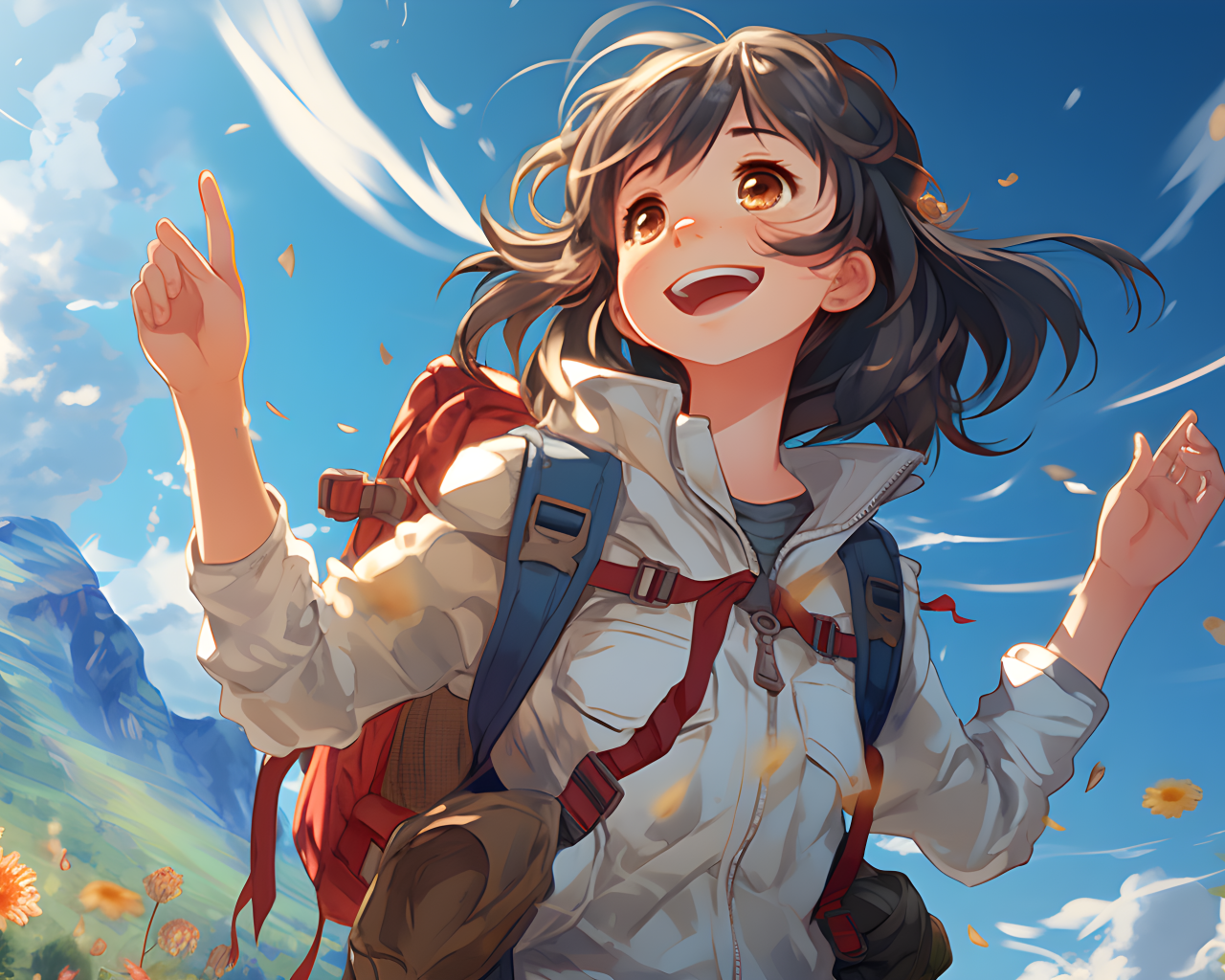 Веселая девушка аниме с рюкзаком за спиной
