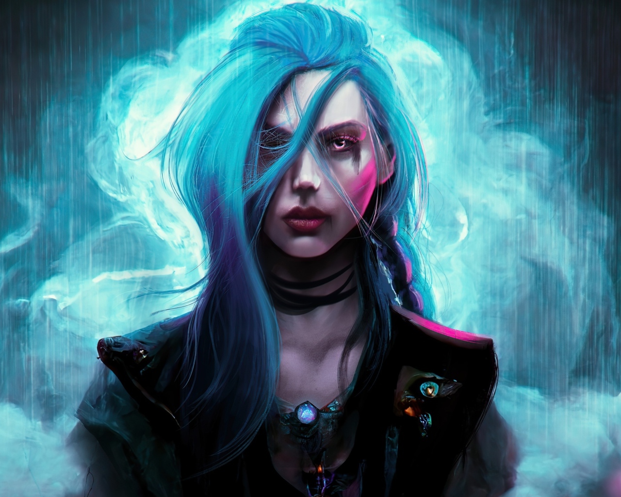 Девушка с голубыми волосами в дыму