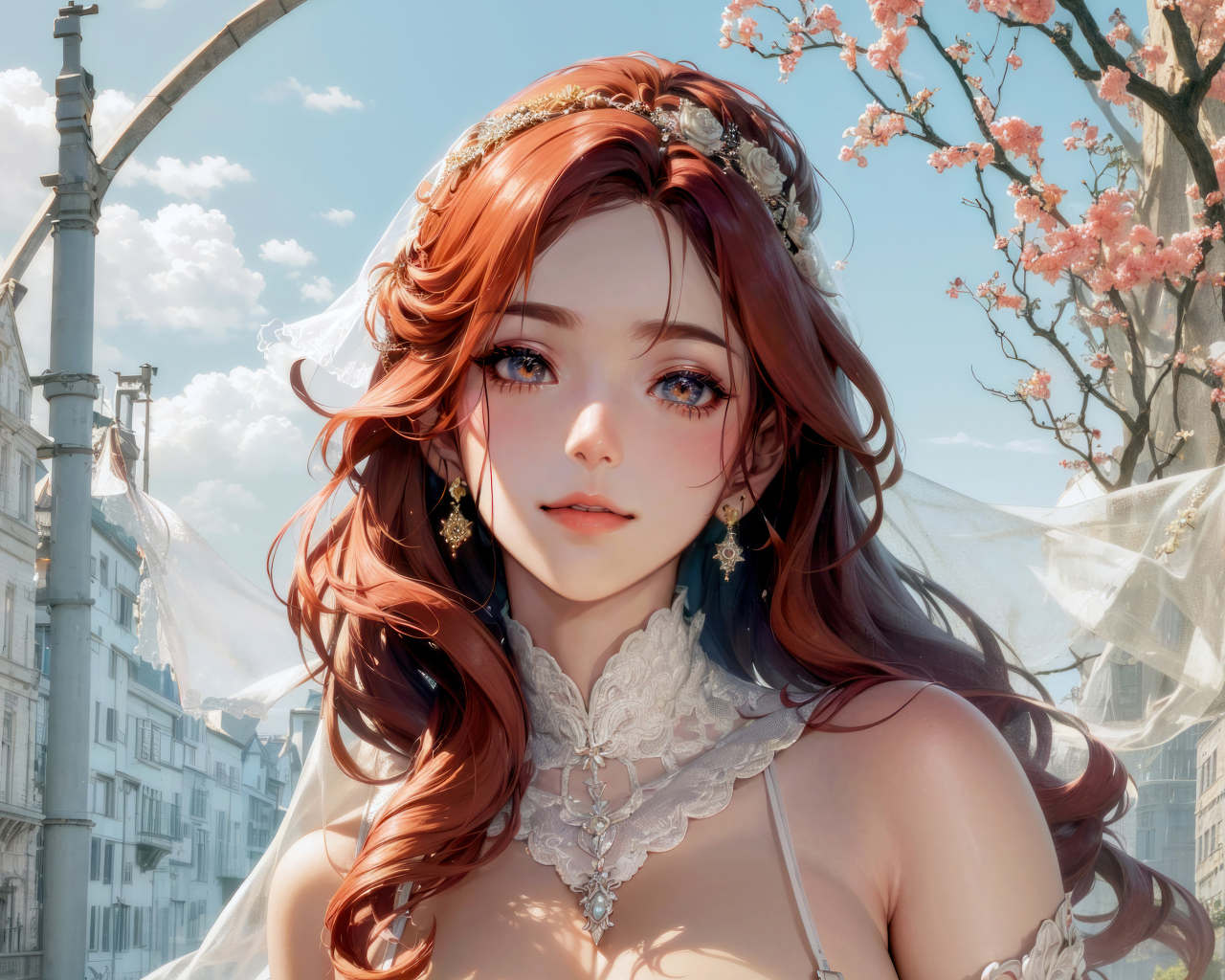 Рыжеволосая девушка аниме в свадебном платье