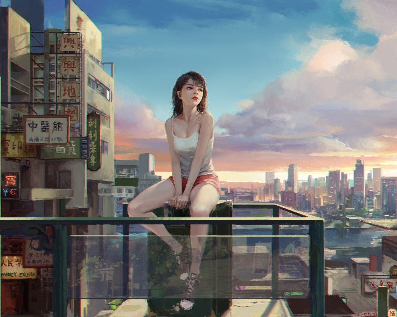 Грустная девушка аниме сидит на балконе